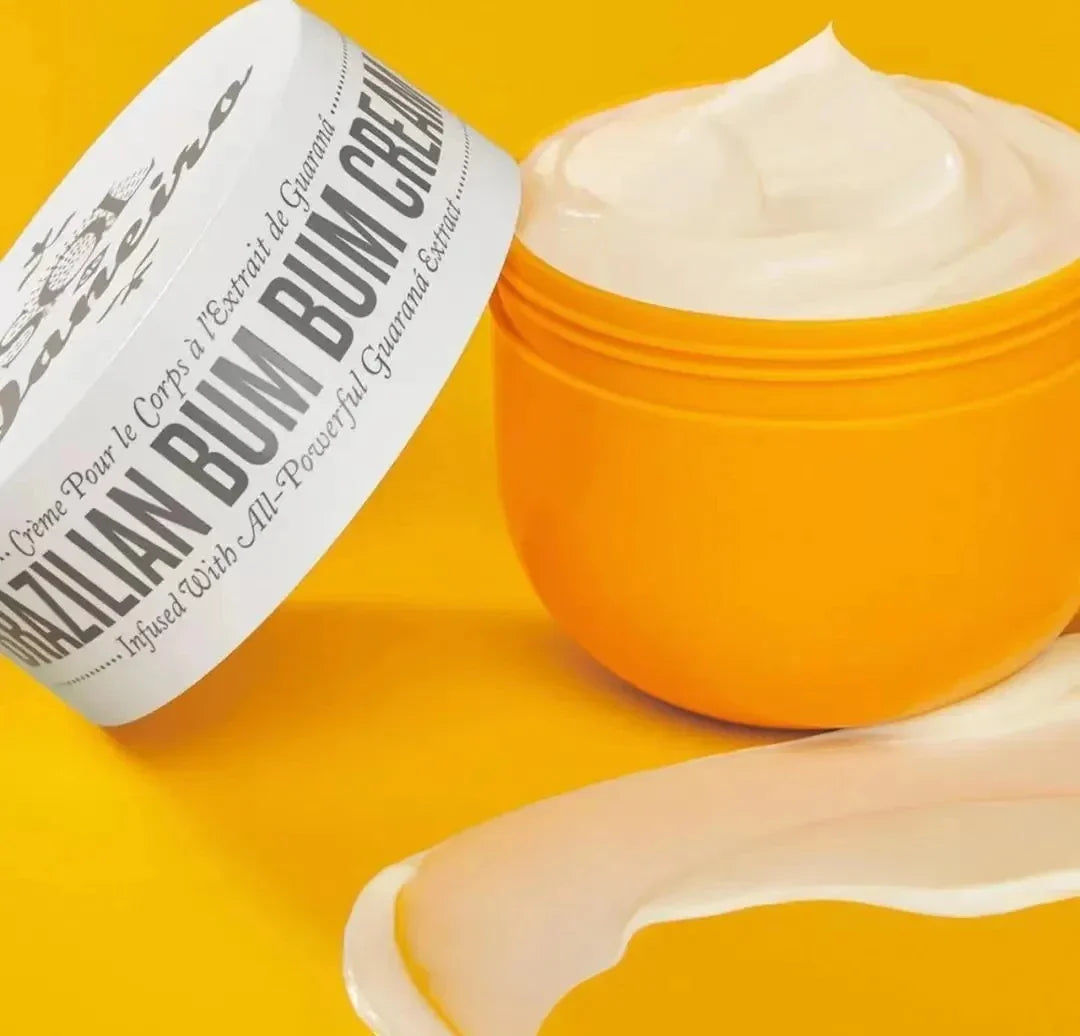 Brazilian Bum Bum Cream by Aurenza Shop, featuring a sleek jar of nourishing body cream with tropical scent and vibrant packaging.