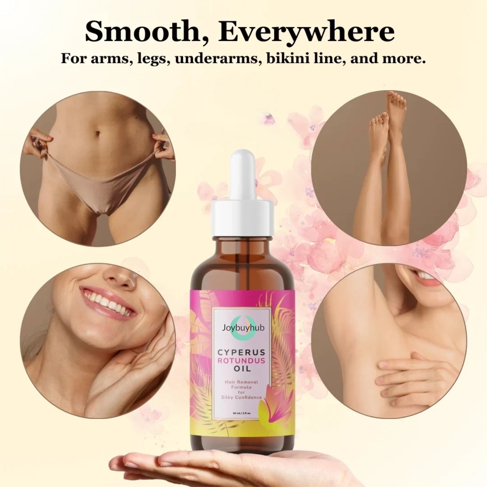 Aurenza Caramela Beauty Cyperus Rotundus oil bottle for natural hair reduction, 60ml, with the oil in a clear glass bottle.