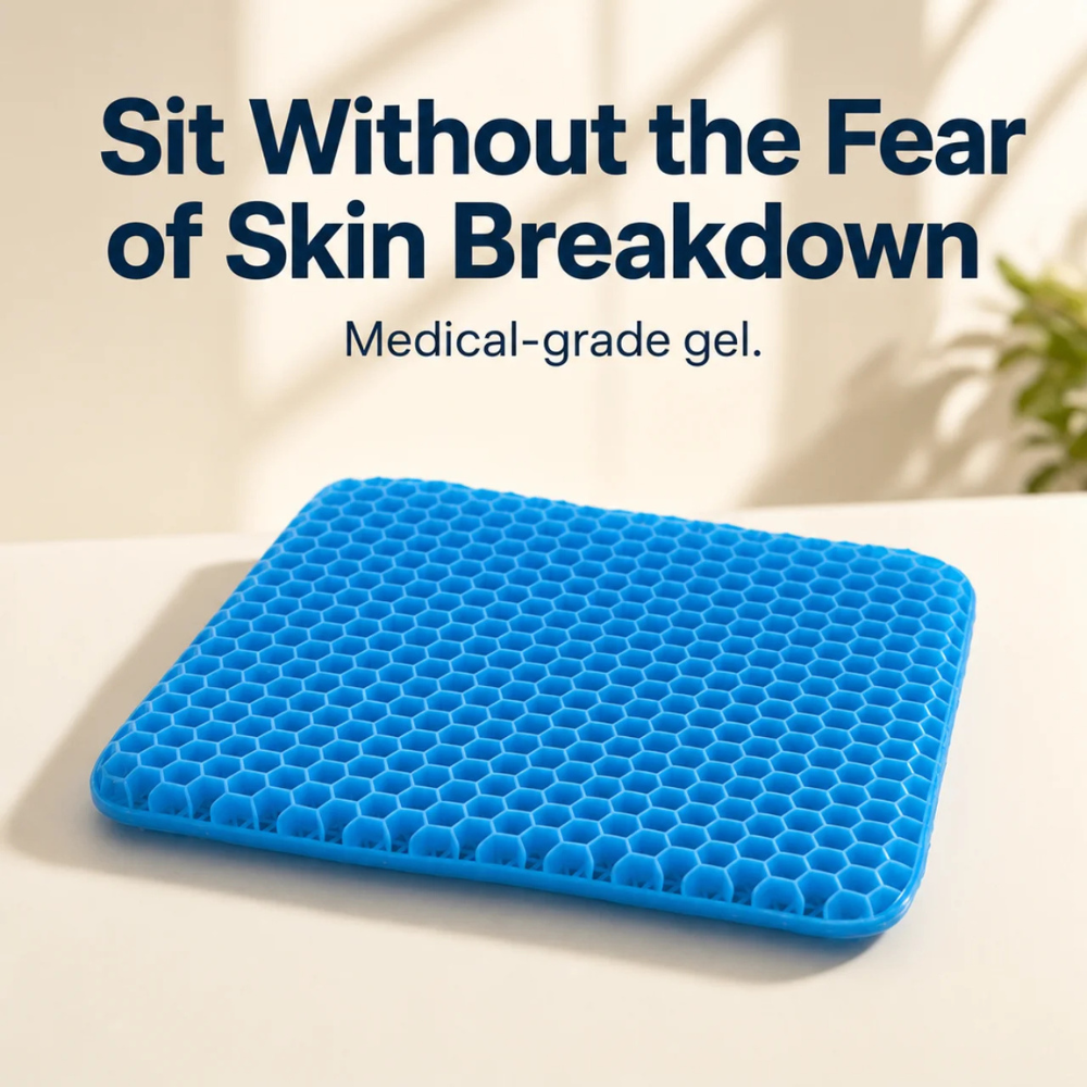 Aurenza CellGel+ seat cushion showing a soft, ergonomic gel-filled design for comfort and support in neutral color.
