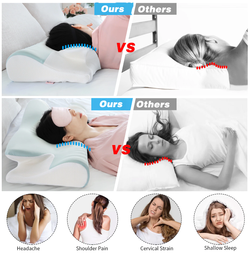 Aurenza Shop Cervical Pillow™ in white, showing ergonomic design for neck support and comfortable sleep posture.