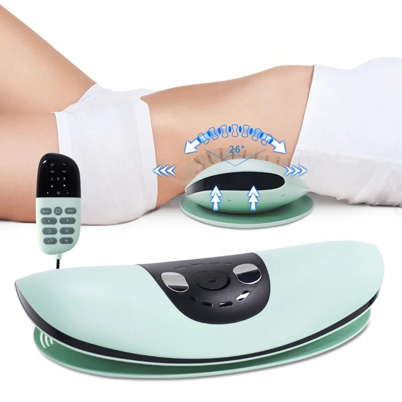 Aurenza ComfortEase lumbar massager with heat function, showing a plush back support with adjustable straps and heating elements