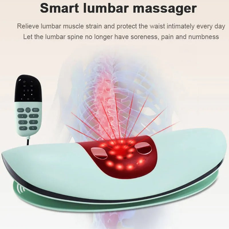 Aurenza ComfortEase lumbar massager with heat function, showing the device with adjustable straps and control panel.