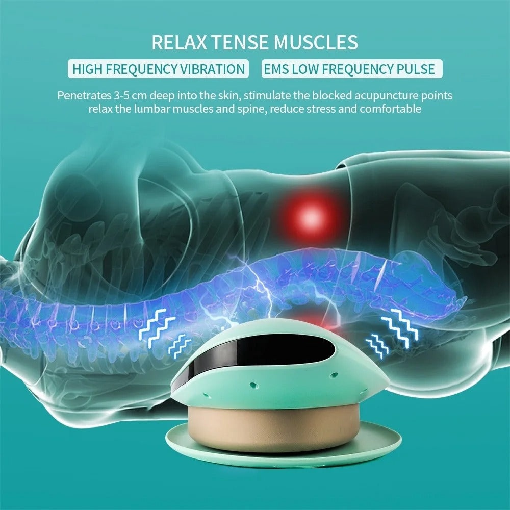 Aurenza ComfortEase lumbar massager with heat function, showing the device's ergonomic design and control panel for targeted relaxation.