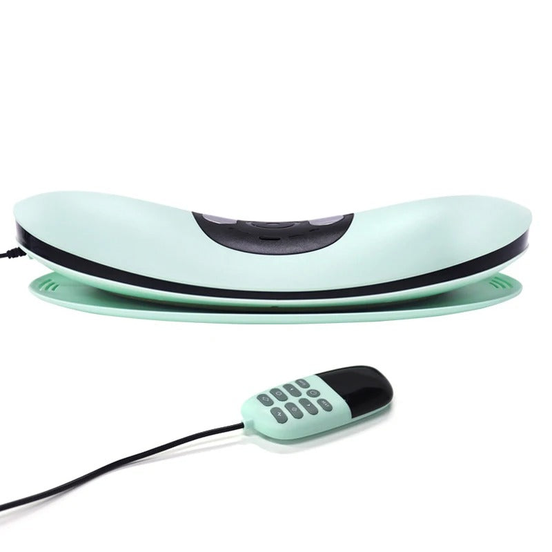 Aurenza Shop ComfortEase lumbar massager with heat function, showing a close-up of the device with adjustable straps and heating elements.