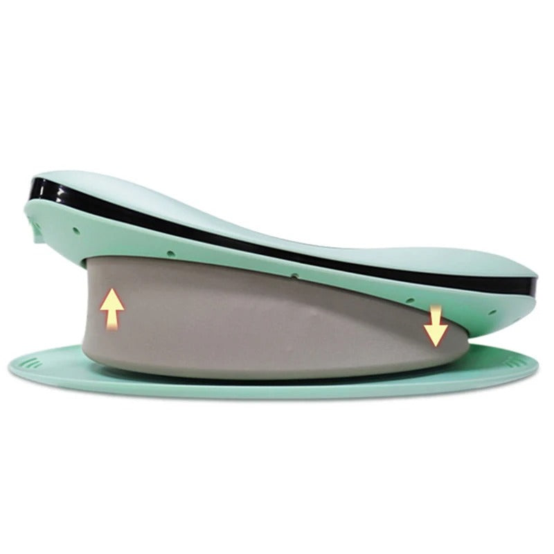 Aurenza ComfortEase lumbar massager with heat feature, showing adjustable straps and padded back support in a home setting.