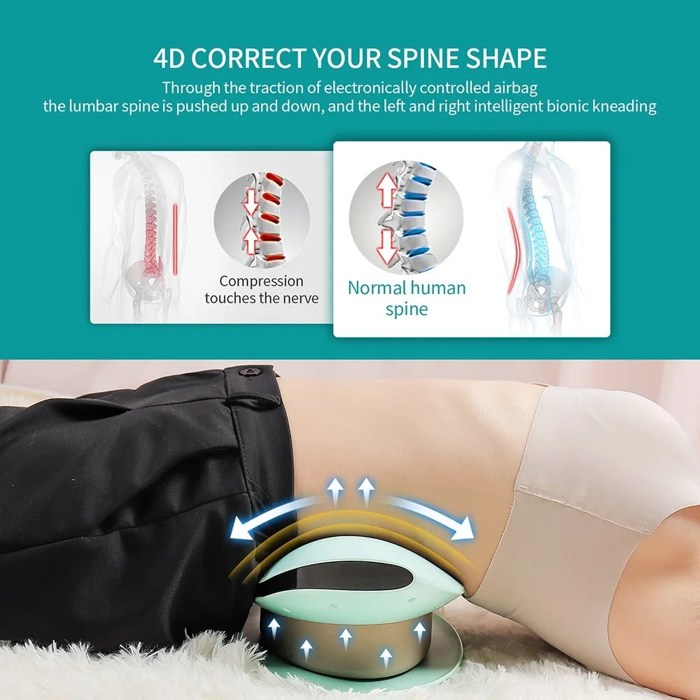 Aurenza ComfortEase lumbar massager with heat, showing a close-up of the device with adjustable straps on a chair back.