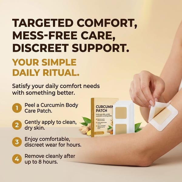 Aurenza Shop Curcumin Body Care Patches for targeted, mess-free daily skin relief, shown applied on skin in a close-up shot.