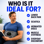 Aurenza Shop decompression and heat therapy belt wrapped around a person's lower back for pain relief and muscle relaxation.