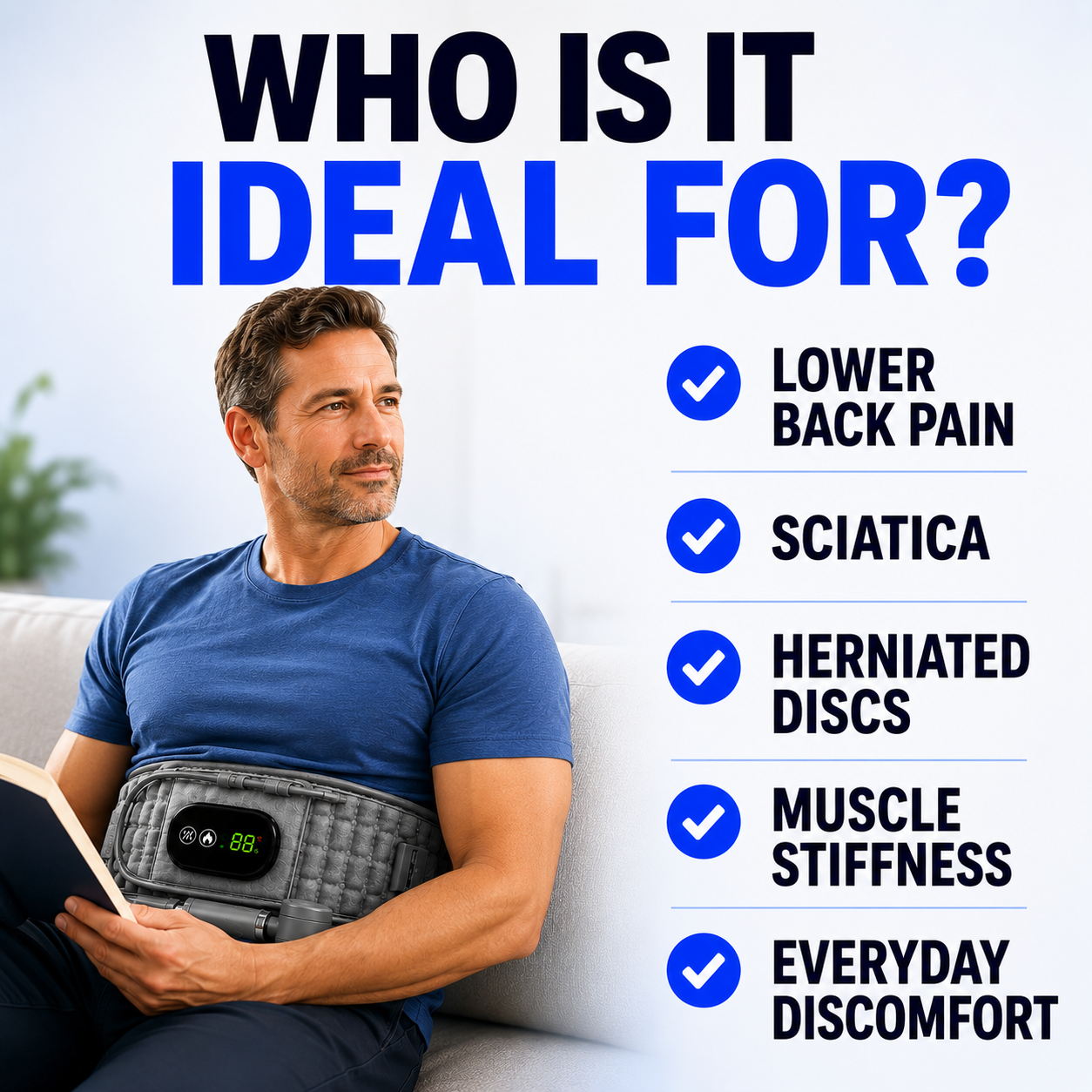Aurenza Shop decompression and heat therapy belt wrapped around a person's lower back for pain relief and muscle relaxation.