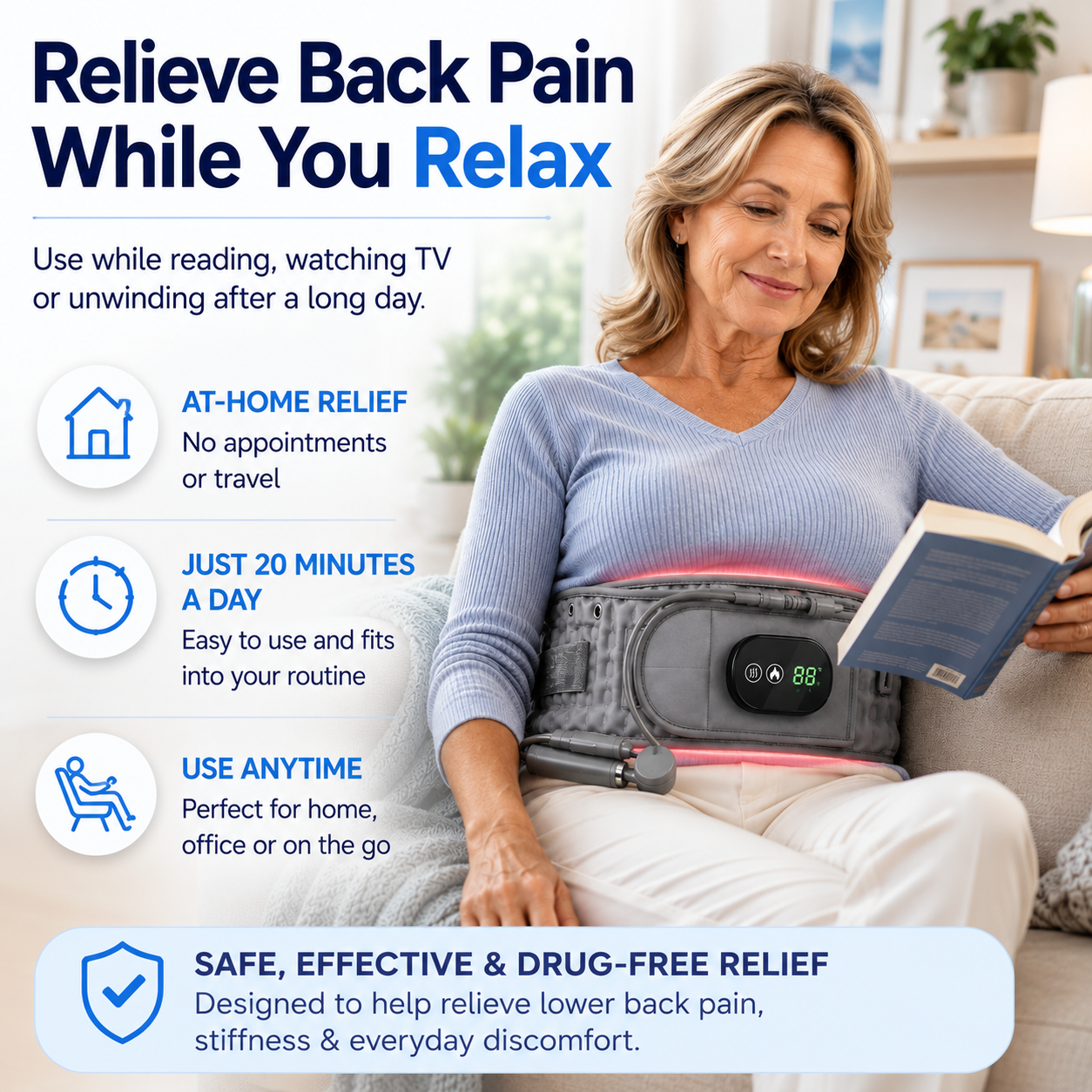 Aurenza Shop decompression and heat therapy belt shown wrapped around a person's lower back for pain relief.