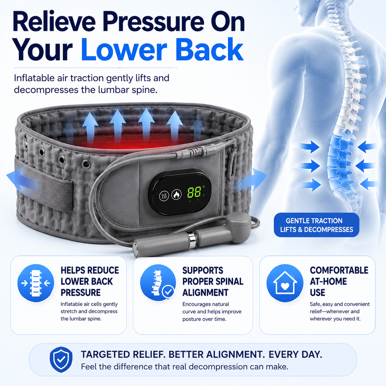 Aurenza Shop decompression and heat therapy belt wrapped around a person's lower back for pain relief and muscle relaxation.