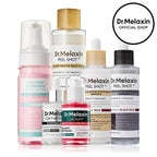 Aurenza Shop Dr. Melaxin Glow Care Set with skincare products, bottles, and containers arranged on a neutral background.