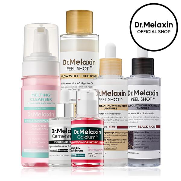 Aurenza Shop Dr. Melaxin Glow Care Set with skincare products, bottles, and containers arranged on a neutral background.