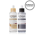 Dr.Melaxin Peel Shot Glow Rice Ampoule Duo in black and white bottles, featuring a skincare set with brightening and rejuvenating formulas.
