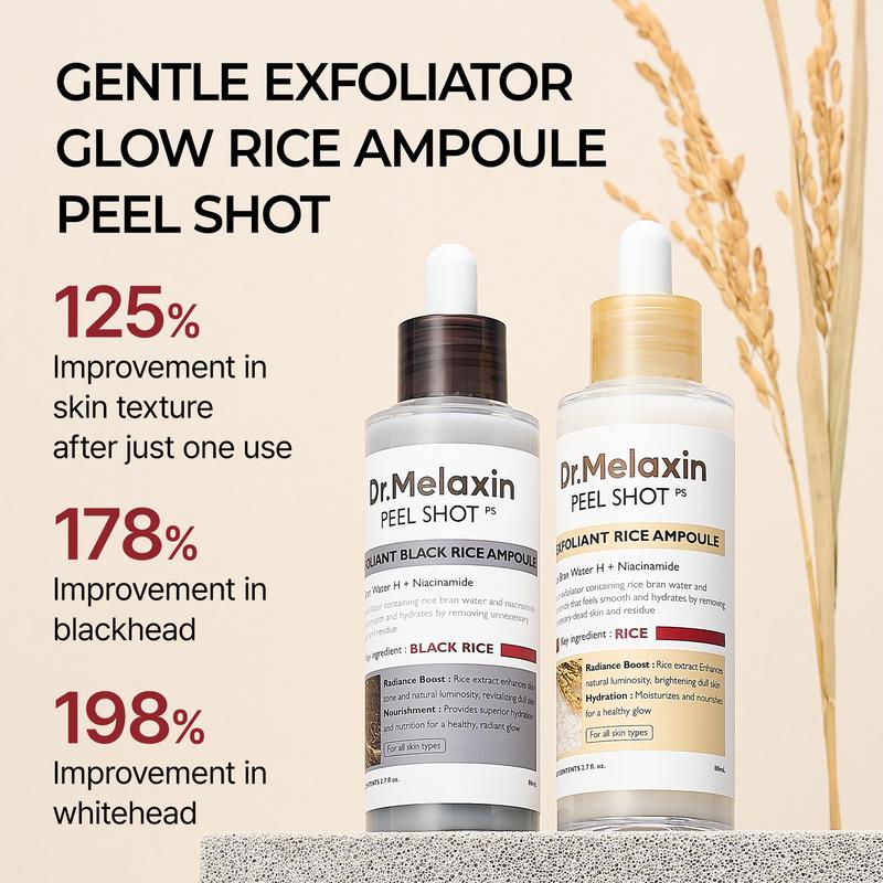 Dr.Melaxin Peel Shot Glow Rice Ampoule Duo by Aurenza Shop, featuring black and white ampoules for skin brightening and rejuvenation.