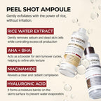 Dr.Melaxin Peel Shot Glow Rice Ampoule Duo by Aurenza Shop, featuring black and white bottles with skincare serum.