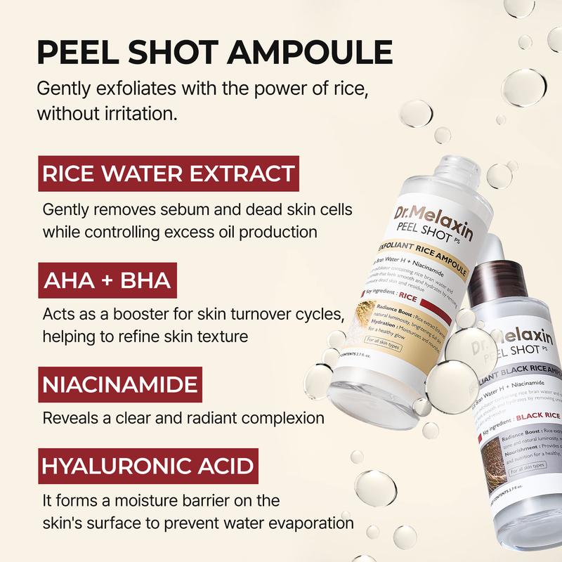 Dr.Melaxin Peel Shot Glow Rice Ampoule Duo by Aurenza Shop, featuring black and white bottles with skincare serum.
