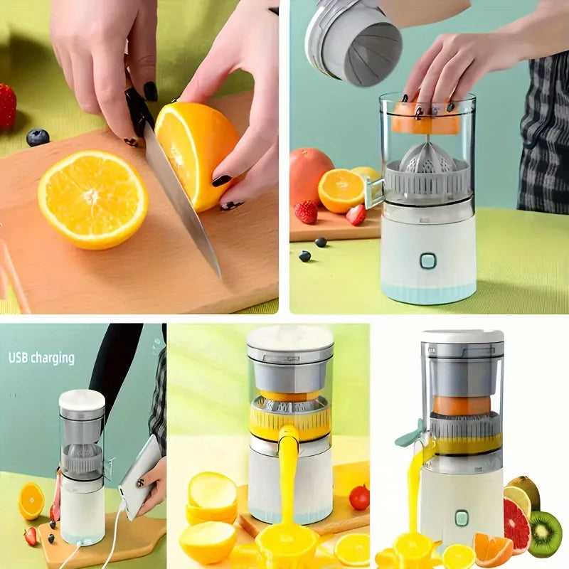 Aureza Shop JuiceJoy portable juicer in white with a transparent container, ready for fresh fruit juice extraction.