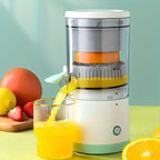 Aurenza Shop JuiceJoy portable juicer with white and silver design, compact size, and built-in container for fresh juice on the go.