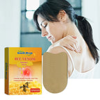 Aurenza Mugwort Warming Comfort Patches on a person's neck, shoulder, and knee, designed for soothing warmth and relief.