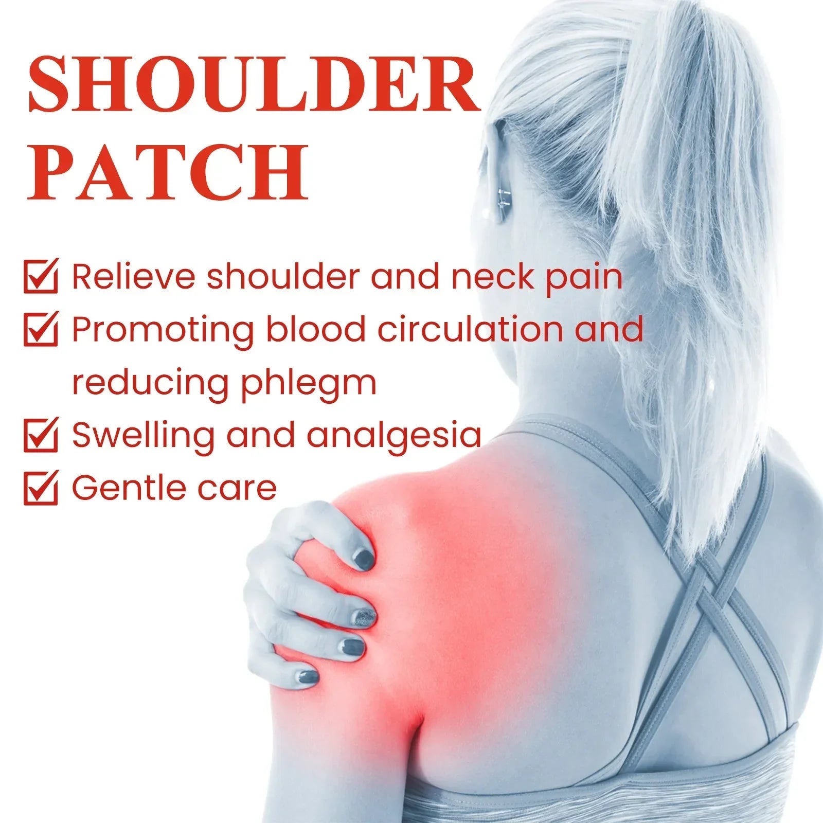 Aurenza Shop Mugwort Warming Comfort Patches for neck, shoulder, and knees showing the patch on skin with packaging.
