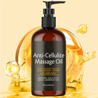 Aurenza Shop Naxurelle Cellulite Massage Oil bottle with pump dispenser, showing the product label and packaging for skin firming treatment.