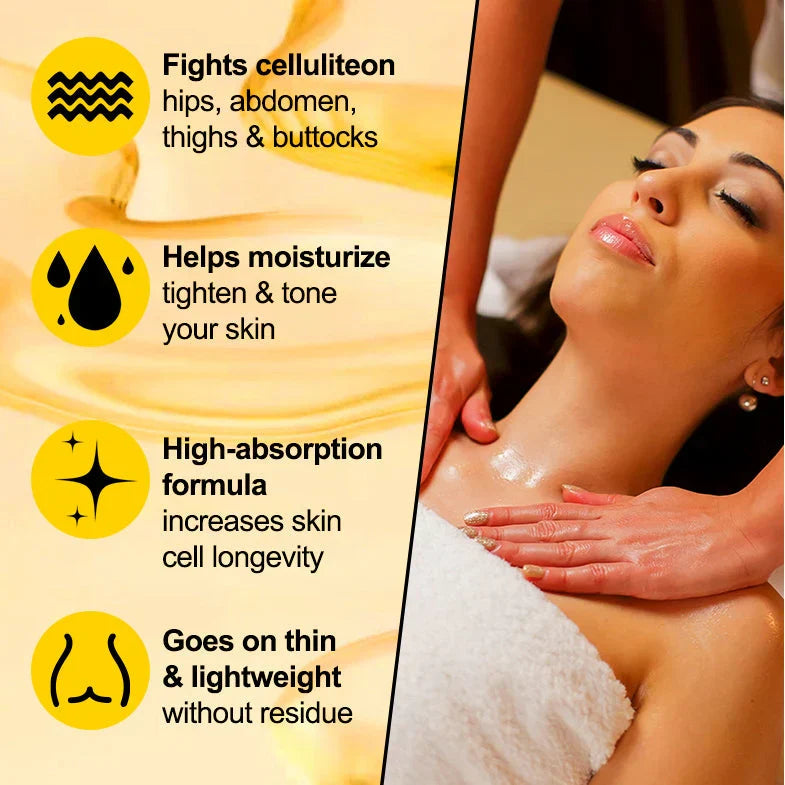 Aurenza Shop Naxurelle Cellulite Massage Oil bottle with label, designed for skin tightening and cellulite reduction.