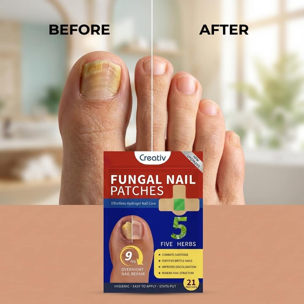 Aurenza Shop Repair Nail Patch for stopping yellow fungus infection on toenails, applied to a toenail in a close-up image.