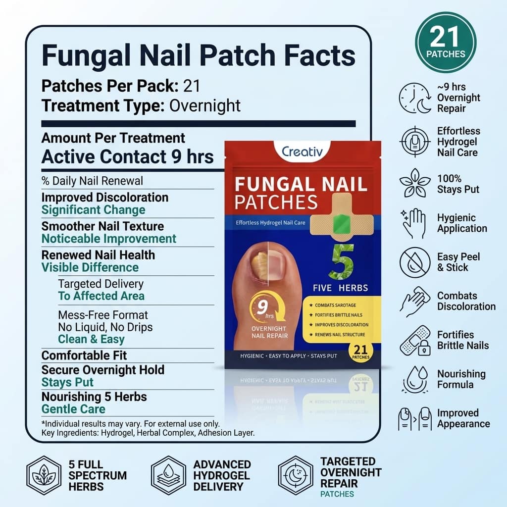 Aurenza Shop Fungus Premium Patch for repairing nails and stopping yellow fungus while you sleep, shown on a toenail.