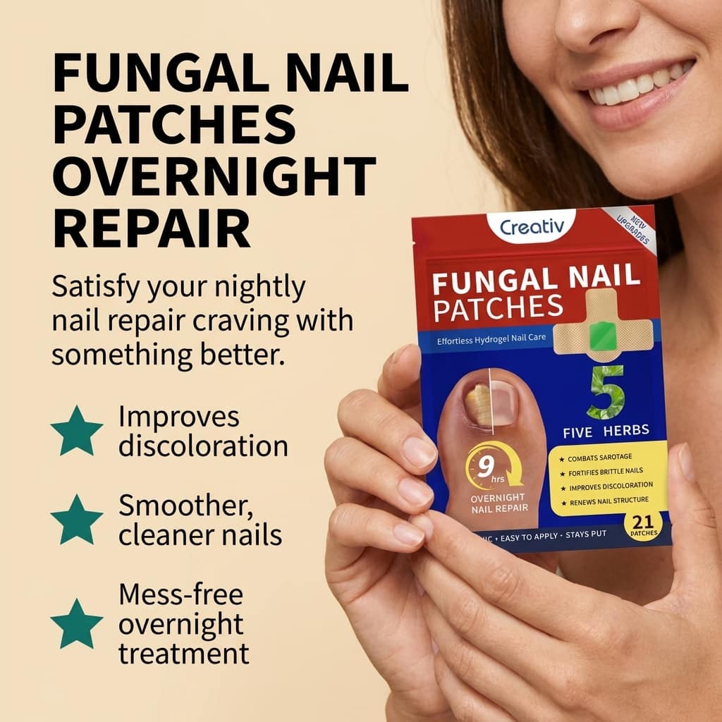 Aurenza Shop Repair Nail and Stop Yellow Fungus Patch applied to toenail showing clear, healthy nail growth.