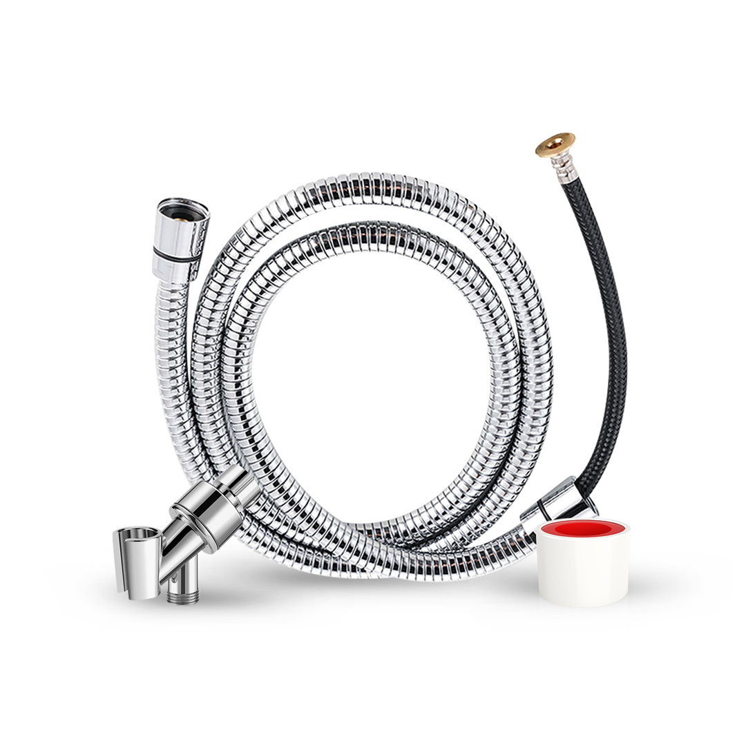 Aurenza Shop shower hose and connector set with flexible metal hose and plastic connectors on a white background.