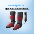 Aurenza Therava™ Air Compression Leg Massager with Heat showing the device wrapped around a person's leg for pain relief.