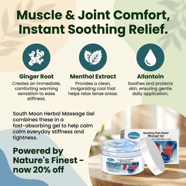 A herbal warming massage gel with ginger and herbal extracts, showing the gel in a clear container with fresh ginger and herbs.