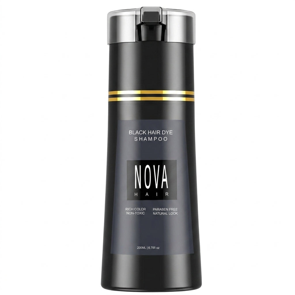 Nova Hair Instant Black Dye Shampoo bottle from Aurenza Shop, showing the 200ml size and sleek black packaging.
