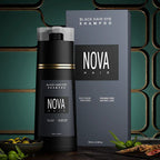 Aurenza Shop Nova Hair Instant Black Dye Shampoo 200ml bottle with black and white packaging for hair coloring.