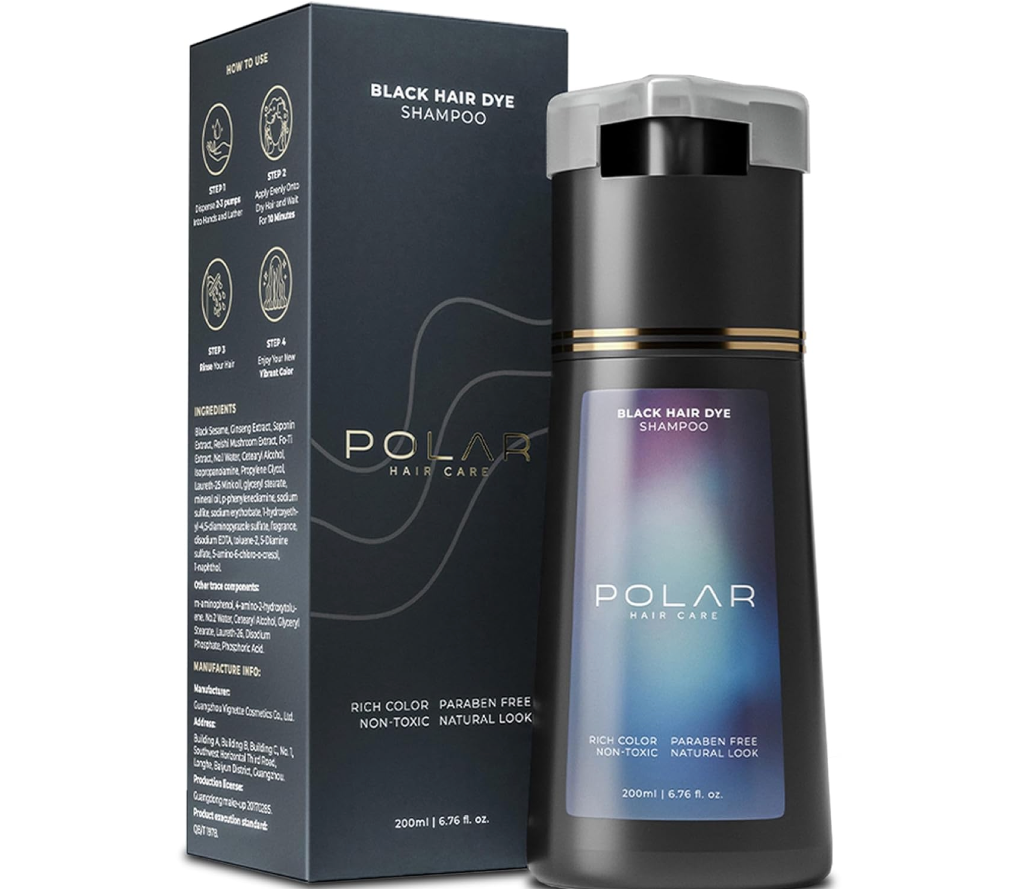 A 200ml bottle of Polar Hair Care Instant Black Dye Shampoo by Aurenza Shop for vibrant black hair coloring.