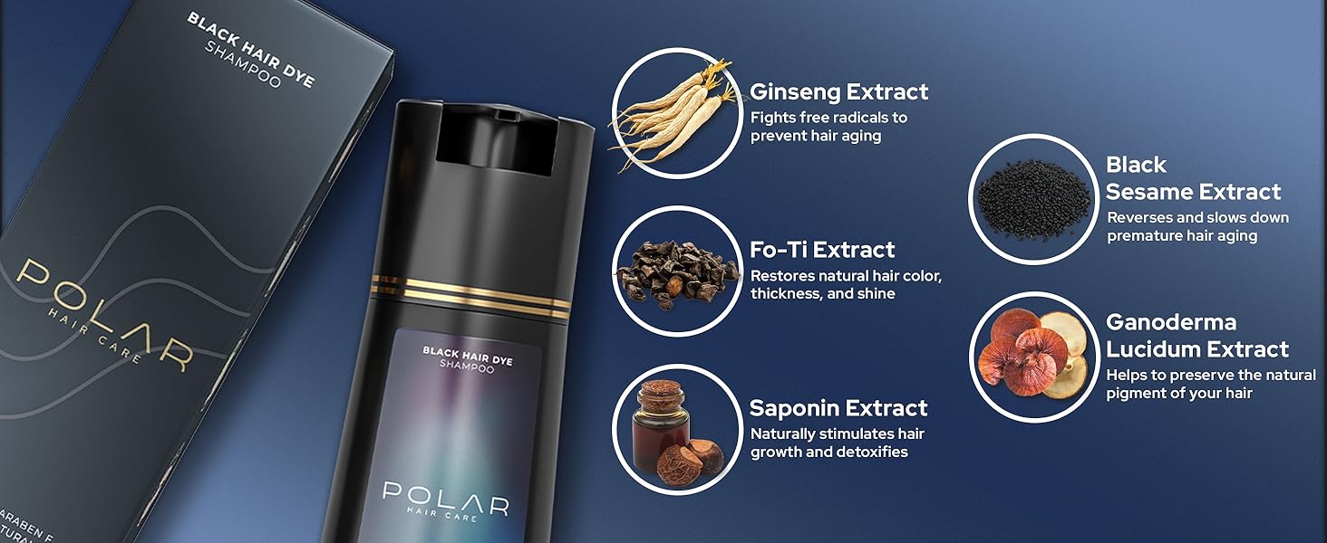 Polar Hair Care Instant Black Dye Shampoo in 200ml bottle, showing the sleek black packaging and product label.