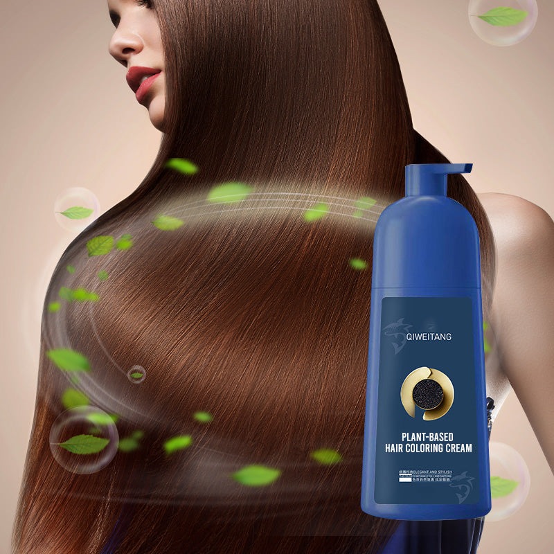 Aureza Plant-Based Hair Coloring Cream in a sleek container, demonstrating natural hair color application on a model's hair.