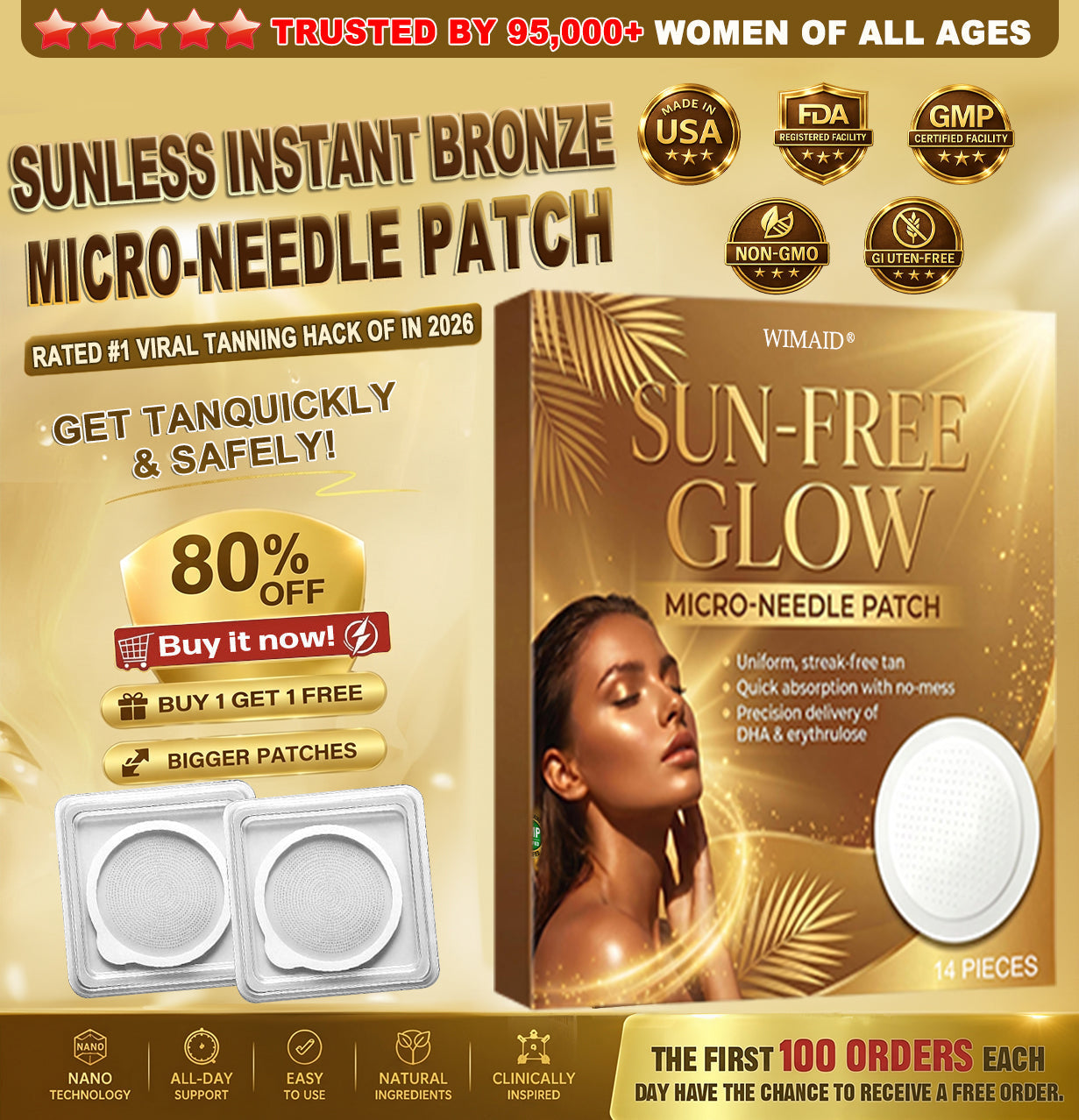 Aurenza Shop Wimaid® Sunless Bronze Tanning Microneedle Patch showing the discreet patch applied to skin for a natural glow.