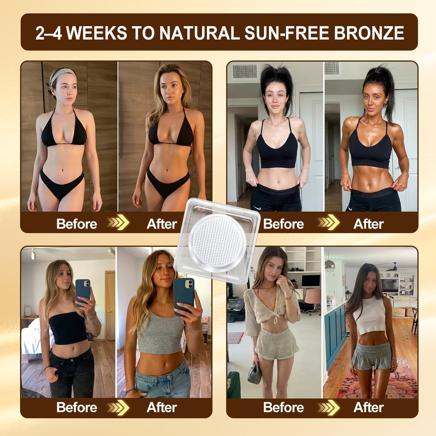 Aurenza Shop Wimaid® Sunless Tanning Microneedle Patch showing the patch applied to skin for instant bronze glow in 7 days.