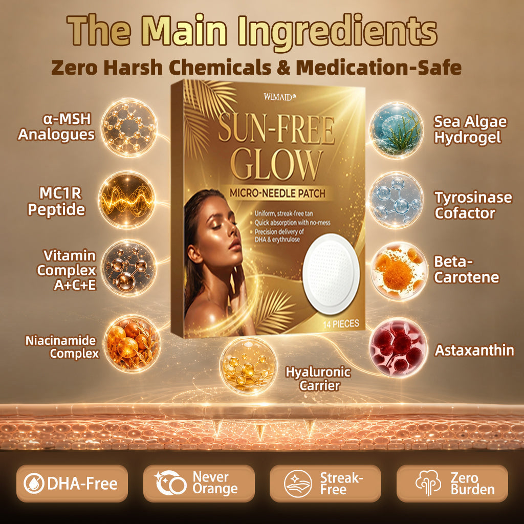 Aurenza Shop Wimaid® Sunless Tanning Microneedle Patch showing the discreet patch on skin for instant bronze glow.