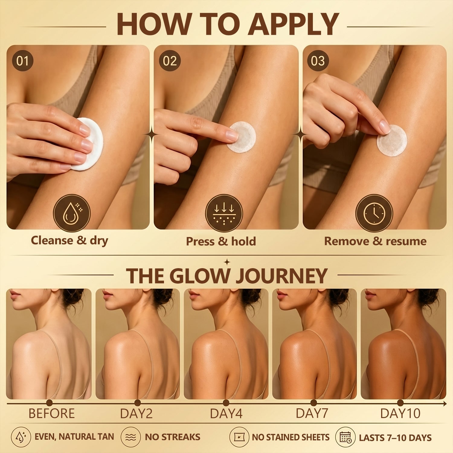 Aurenza Shop Wimaid® Sunless Bronze Tanning Microneedle Patch showing the patch applied on skin for instant glow.
