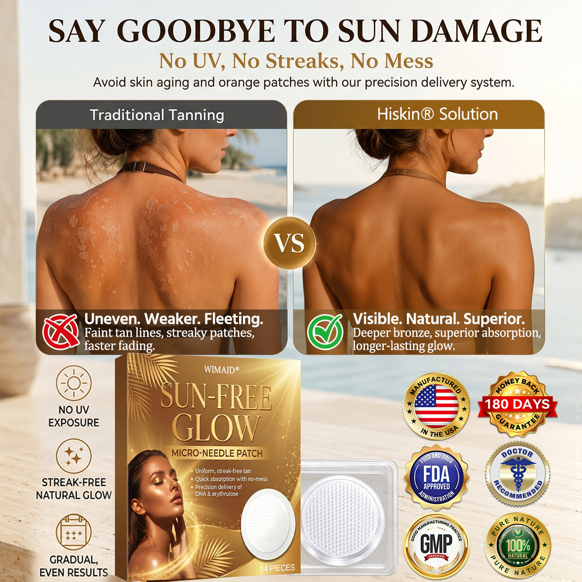 Aurenza Shop Wimaid® Sunless Bronze Tanning Microneedle Patch showing the discreet patch applied to skin for instant glow in 7 days.