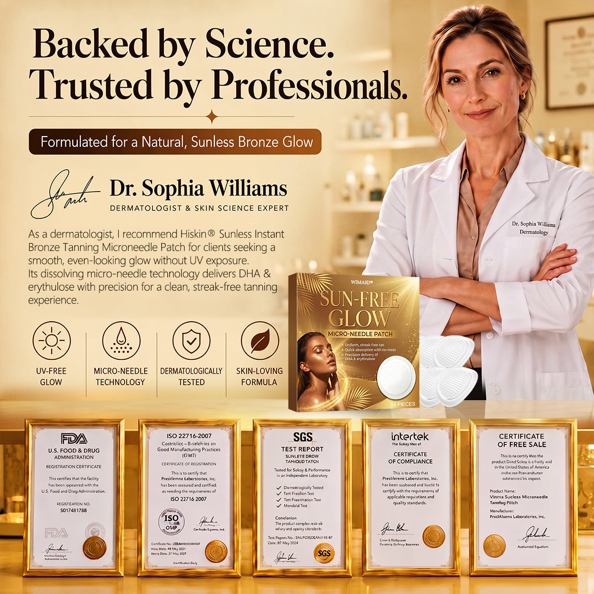 Aurenza Shop Wimaid® Sunless Tanning Microneedle Patch for a streak-free, orange-free bronze glow in 7 days, no UV or mess.