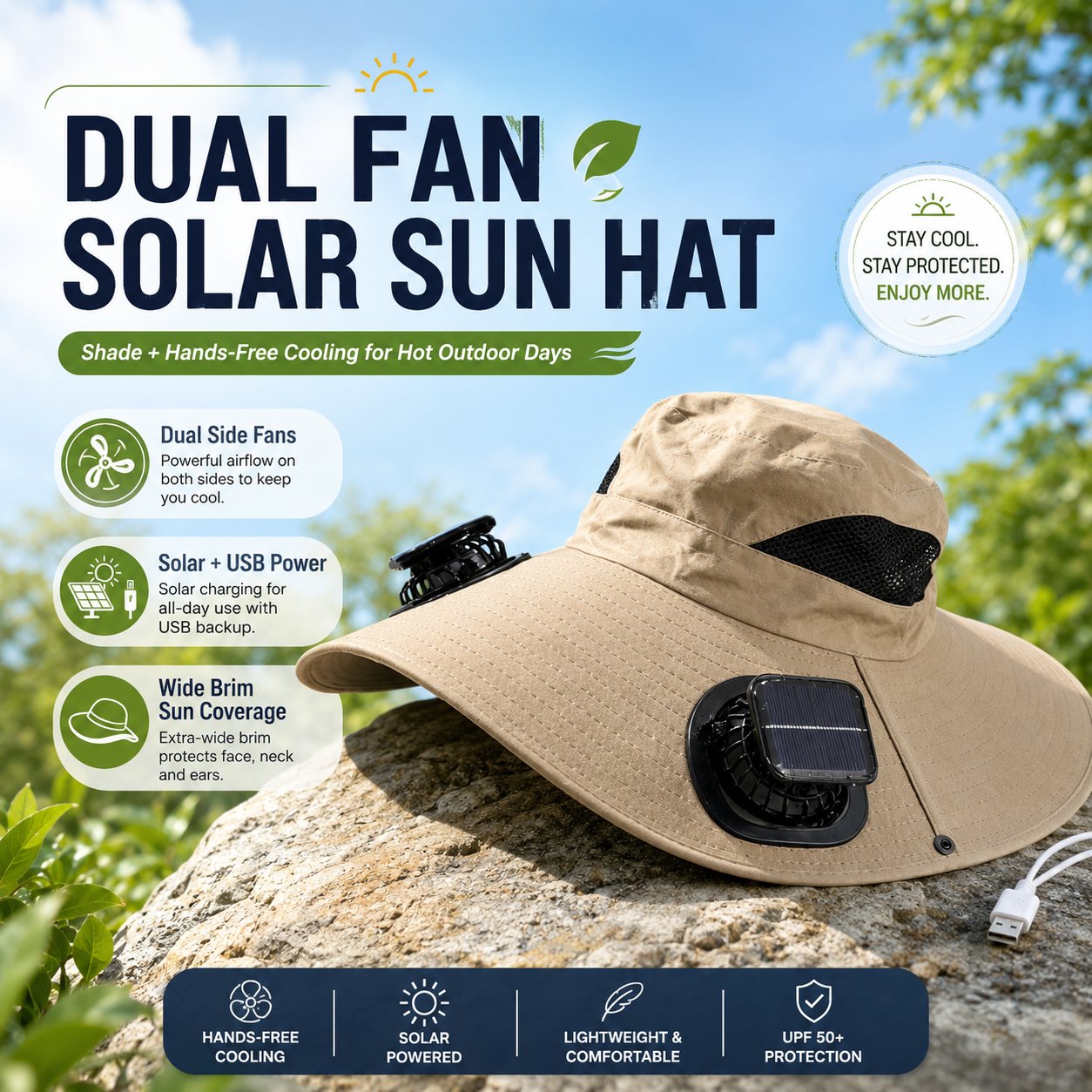 Aurenza Shop ultralight solar fan sun hat, summer hot sale, lightweight sun hat with built-in solar-powered fan, casual outdoor accessory.