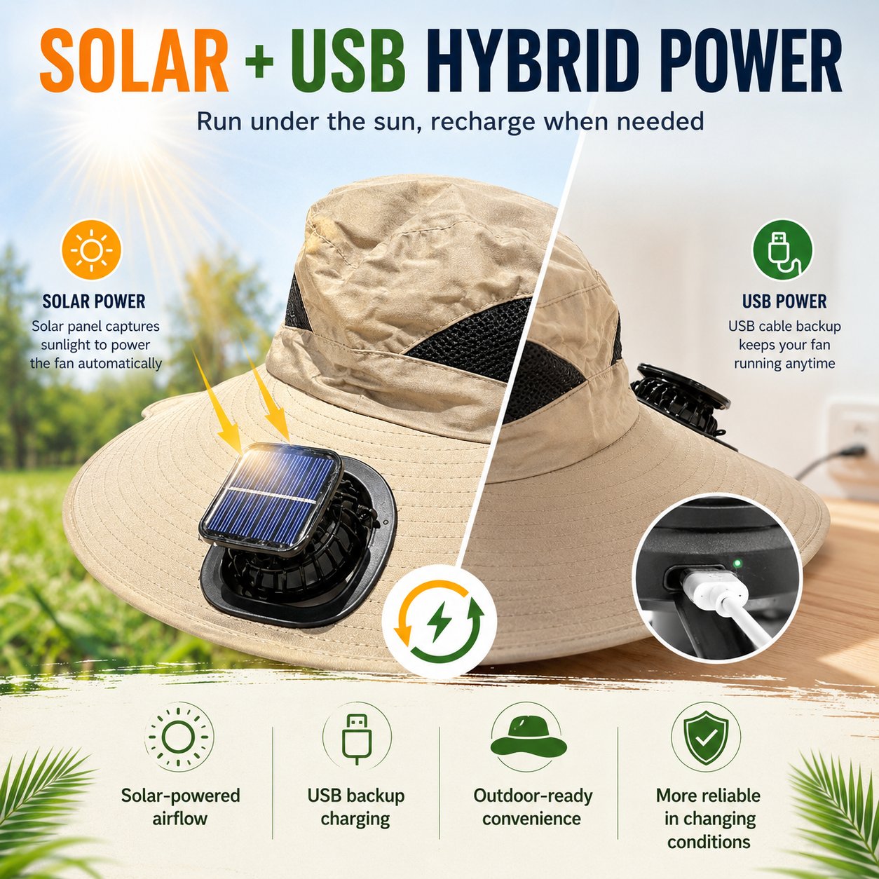Aurenza Shop ultralight solar fan sun hat, lightweight and breathable summer hat with built-in solar-powered fan for cooling.