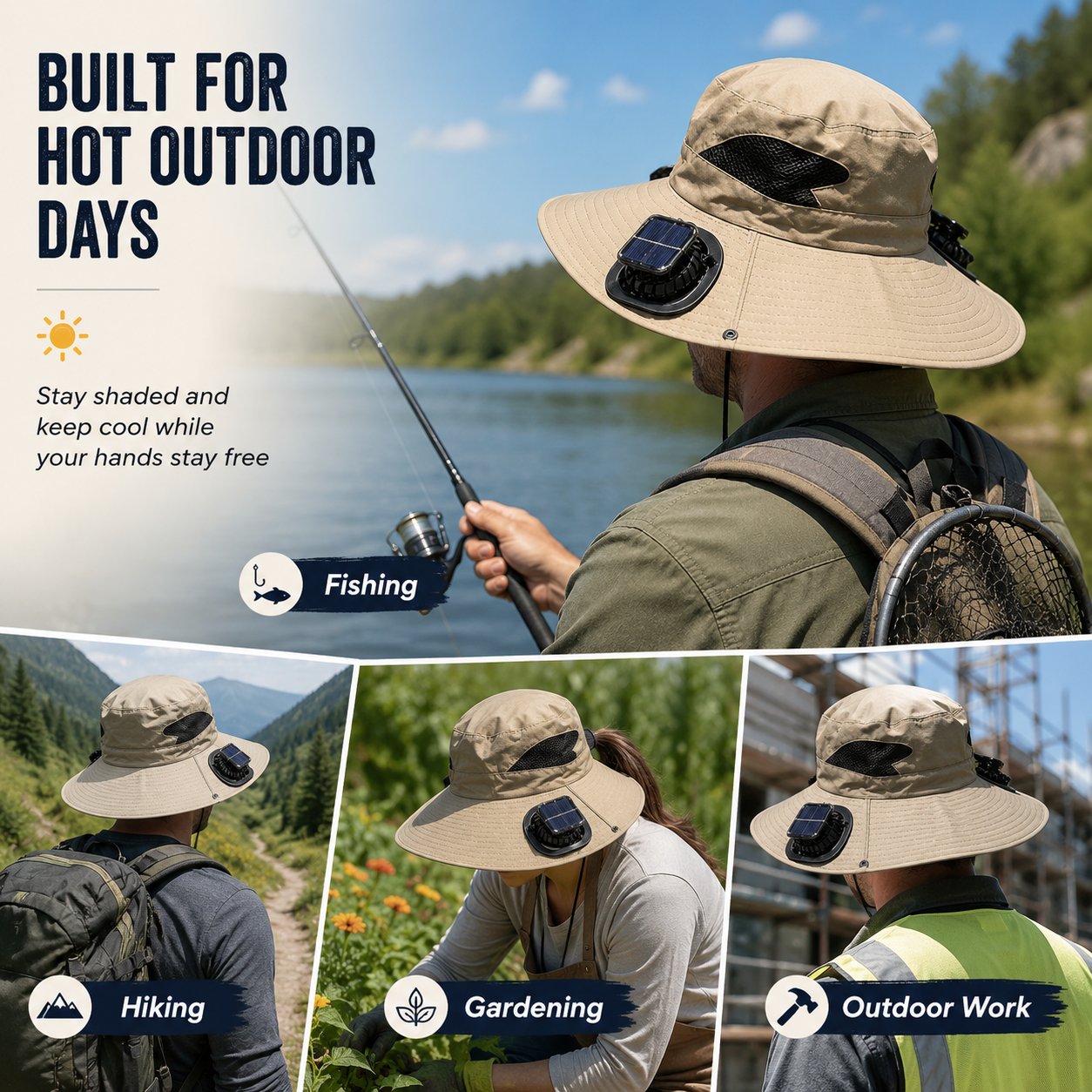 Aurenza Shop ultralight solar fan sun hat with built-in fan, lightweight and breathable, perfect for summer outdoor protection.
