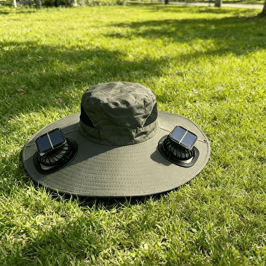 Aurenza Shop ultralight solar fan sun hat for summer, lightweight and breathable with built-in solar-powered fan for cooling.