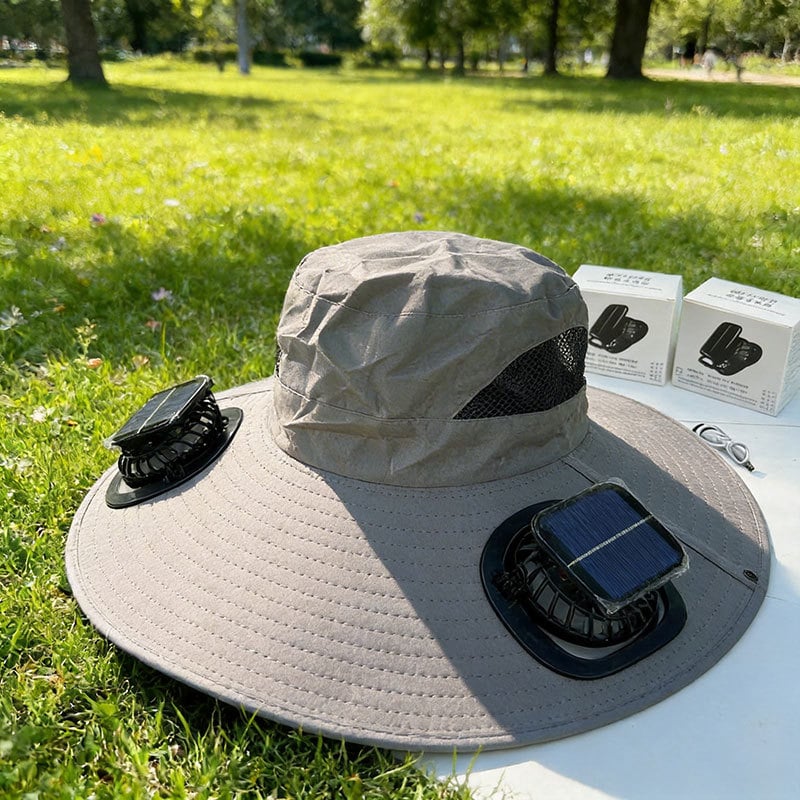 Aurenza Shop ultralight solar fan sun hat with wide brim and ventilation, designed for summer outdoor sun protection.