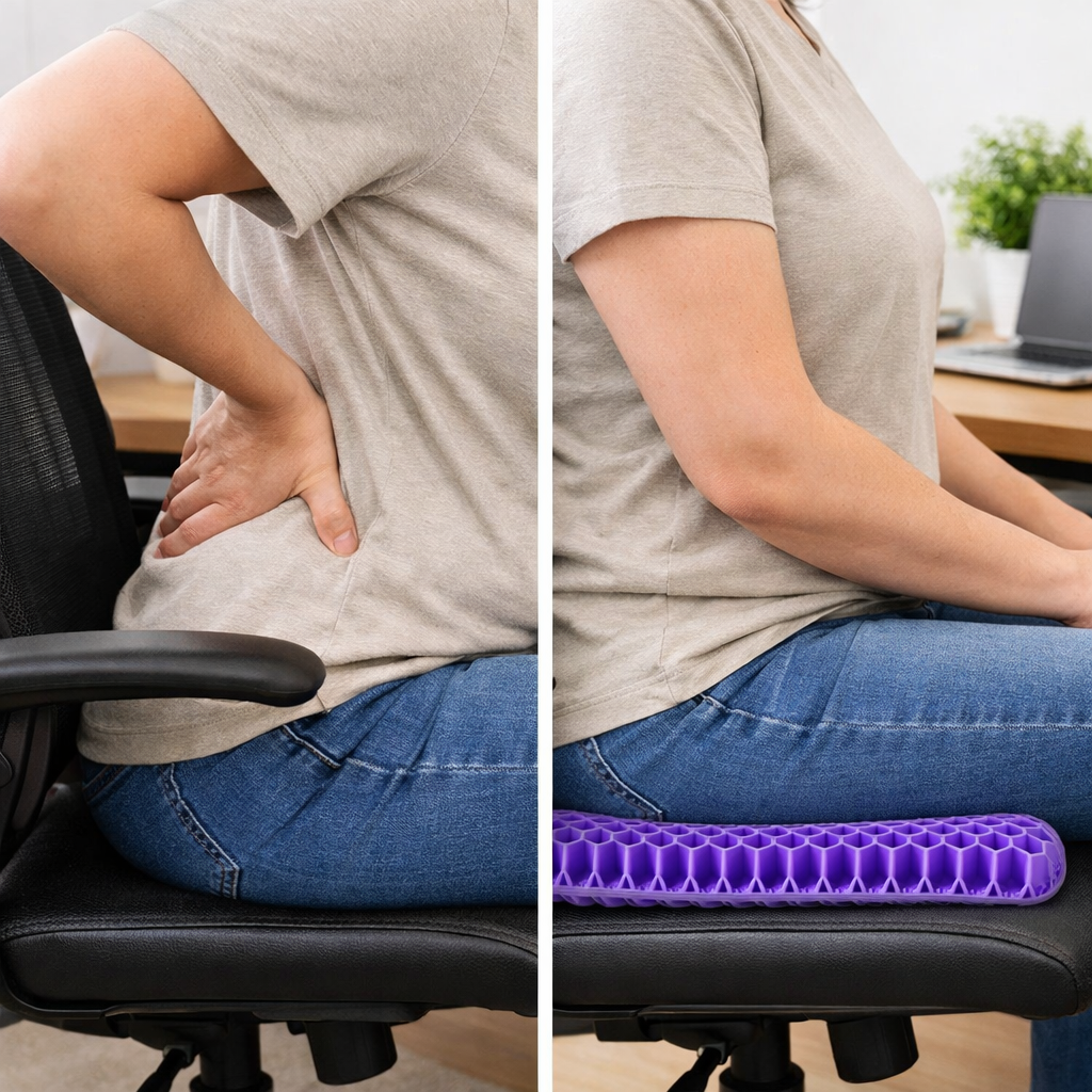 Aurenza Shop Lift & Align™ Gel Seat showing a close-up of the ergonomic gel cushion with adjustable straps.